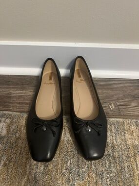 Sam Edelman Meadow Black Leather Square-Toe Ballet Flats with Bow Accent 8.5